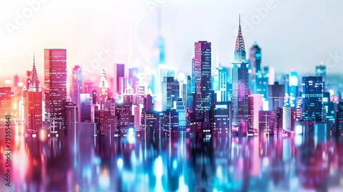 Dynamic neon-lit skylines depicting the hustle and bustle of city life against a pristine white background