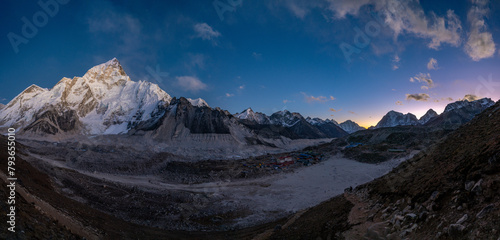 Panoramic view over Khumbu glacier, gorak shep village, Everest base camp, Nuptse and Lhotse after sunset,  photo