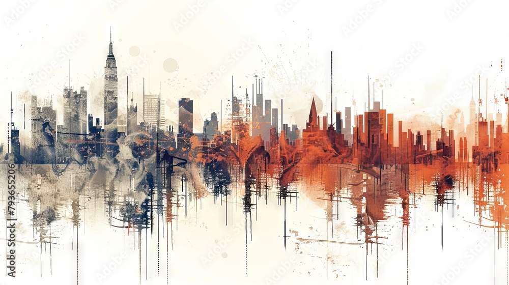 Elegant abstract cityscape map composition with a minimalist color palette perfect for home decor and digital media on white