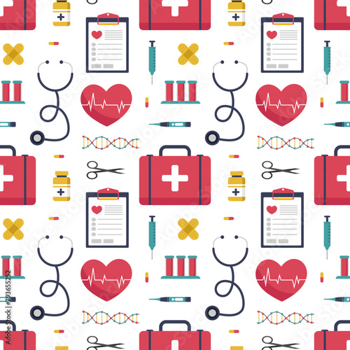 Doctors Day Seamless Pattern Design with Medical Equipment in Template Hand Drawn Cartoon Flat Illustration