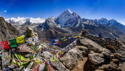 ama Dablam, with colorfull tibetian prayer flags in Khumbu, nepal from viewpoint above Dingboche photo