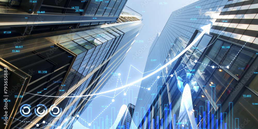 Creative growing arrow and business chart on blurry city background. Revenue and sale concept. Double exposure. Creative growing arrow and business chart on blurry city background. Revenue and sale concept. Double exposure.