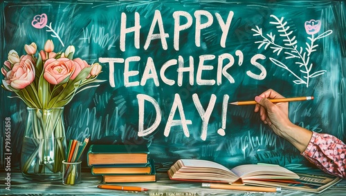 Happy teachers day greeting on green board