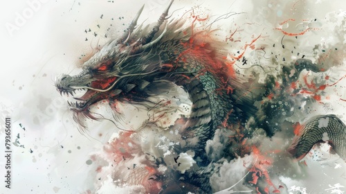 A dragon with red and black scales is flying through the air. The dragon has a menacing look on its face, and its wings are spread wide. The image has a dark and ominous mood