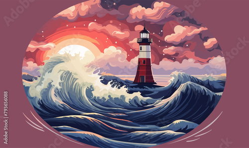 beacon lighthouse stormy lightning waves crashing, circular design illustration vector