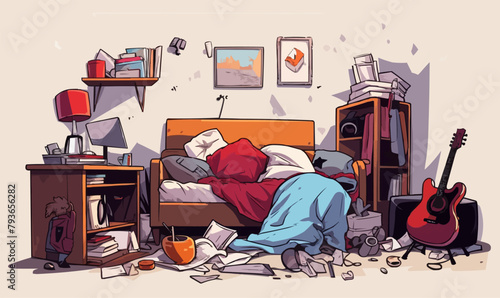 A messy bedroom with a guitar on the floor