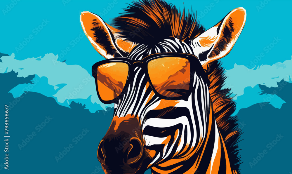 Fototapeta premium zebra wearing sunglasses vector illustration in the middle of the artboard