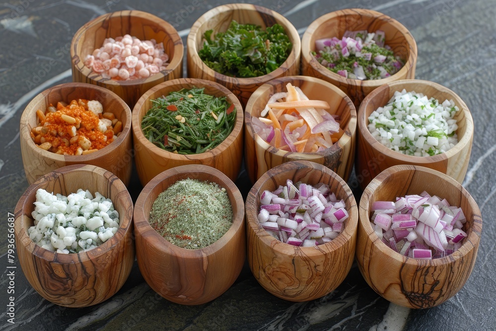 Exquisite variety of spices and seasonings presented in wooden bowls on dark surface