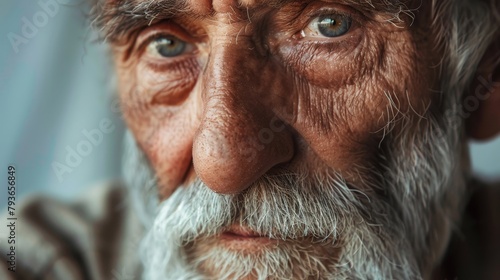 Elderly man with wrinkled facial hair gazes at camera with mustache and beard © gn8