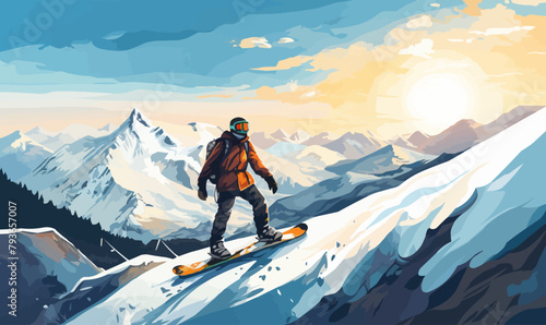 Snowboarding illustration vector landscape sport mountain winter leisure lifestyle concept -