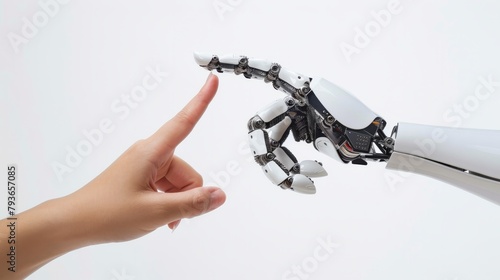 Robot and human hand touching their by index finger, gesture isolated on white background. Concept about tech innovation, machine learning progress and partnership with artificial intelligence