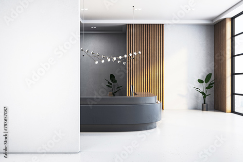 Modern office reception area with clean design, an empty desk, pendant lights, and wooden accents on a light background, concept of business interior. 3D Rendering