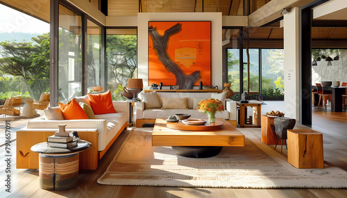 Living room with rustic wooden furniture. Generative ai design concept art.