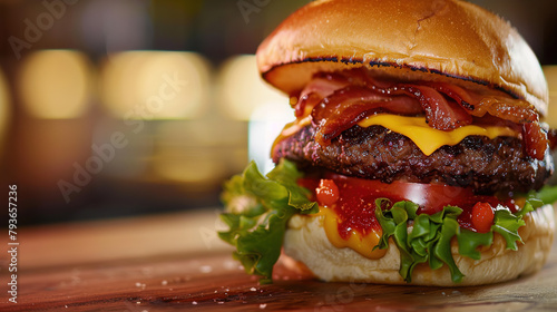 SmokeShack Burger from Shake Shack, featuring a single beef patty with applewood-smoked bacon, single cheder cheese slice, chopped cherry peppers,  photo