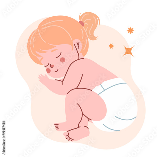 Sleeping little baby girl with blond hair in diaper. Newborn has sweet dream. Cute infant with abstract background behind