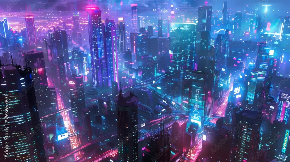 Futuristic neon cityscapes glowing against a pristine white backdrop, capturing the vibrant energy of urban life