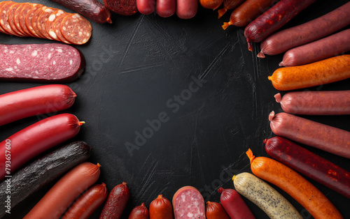 Sausage poster design. A variety of delicious German Sausage are placed in a circle with a variety of interesting colors photo