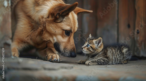 Kitten and dog together on the porch of an old house. AI.