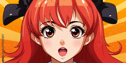 Anime poster. Kawaii winking school girl face with big eyes in manga style vector flat bright colors