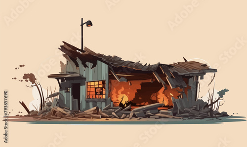 destroyed shop demolished building vector flat isolated illustration