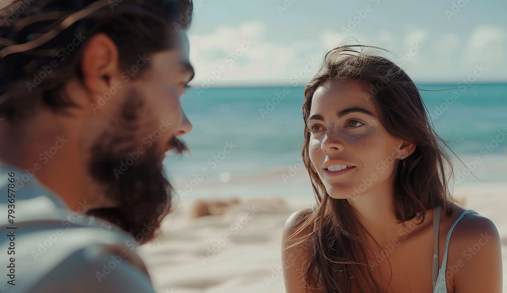 A charming woman with brown hair converses with a man on the beach. Their discussion unfolds against the backdrop of the serene ocean, capturing moments of connection and relaxation