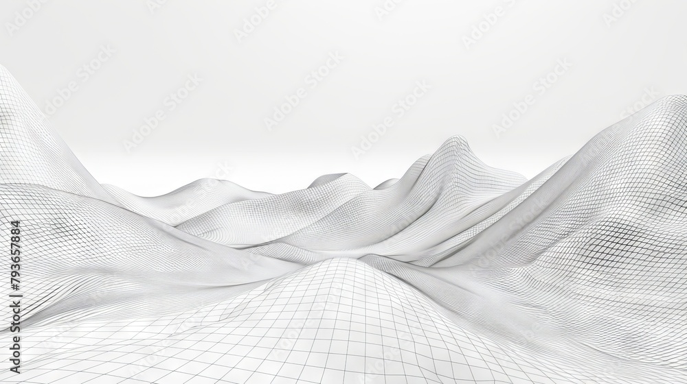 Futuristic wireframe rendering of a surreal terrain arranged symmetrically for a striking visual impact on white Futuristic wireframe rendering of a surreal terrain arranged symmetrically for a striking visual impact on white