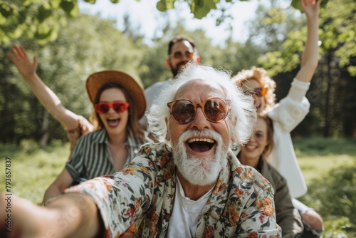 happy senior man in sunglasses taking selfie with friends in summer park on vacation