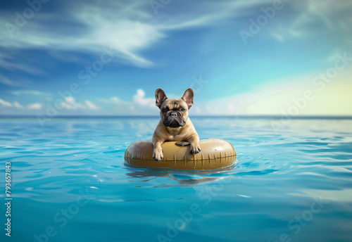 A French bulldog is floating on the water in an inflatable tube