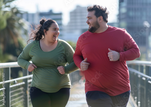 In a full-body photo, an overweight man and woman run on a bridge, sharing smiles and joy as they exercise together