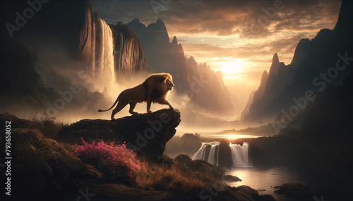 a majestic lion striding confidently across a rocky outcrop photo