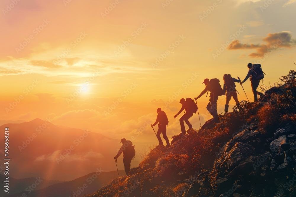 People is Helping Each Other to Hike up A Mountain at Sunrise. Giving a Helping Hand, and Active Fit Lifestyle Concept - obrazy, fototapety, plakaty 