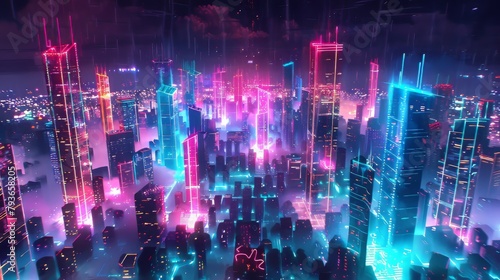 Glowing neon cityscapes radiating with energy and vibrancy, set against the purity of white photo