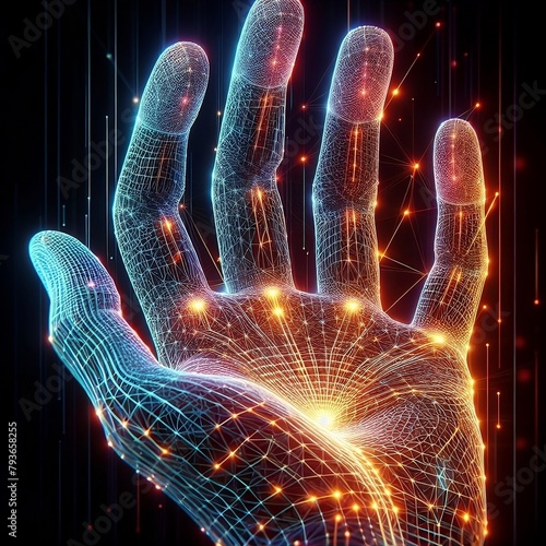 Mesh wireframe hand with circuit board technology concept AI generated