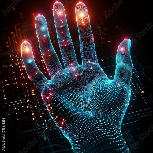 Mesh wireframe hand with circuit board technology concept AI generated