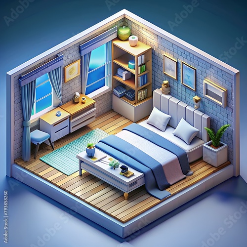 realistic isometric bedroom AI generated