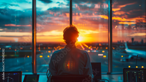 silhouette of a traffic controller in an airport control tower at sunset