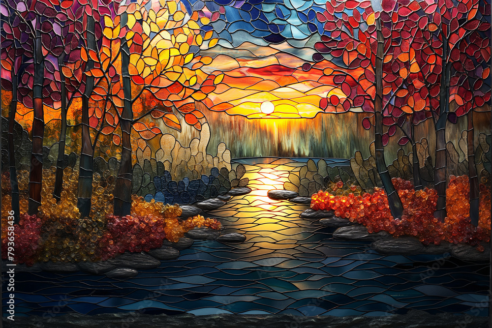stained glass artworks depicting scenes from specific seasons, such as a springtime scene with blooming flowers and lush greenery, or an autumn scene with falling leaves and classic autumn colors in t