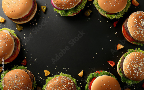 Hamburger poster design. A variety of delicious Hamburgers are placed in a circle with a variety of interesting colors photo