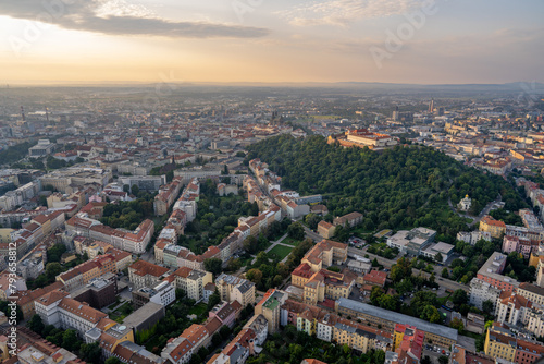 Aerial view of Brno city centre with Spilberk castle during magical sunrise 