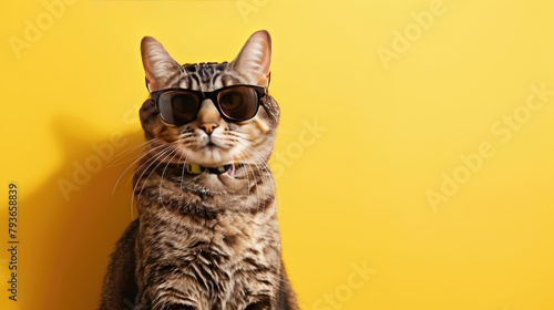Hip cat wearing sunglasses, sitting against a bright light yellow background
