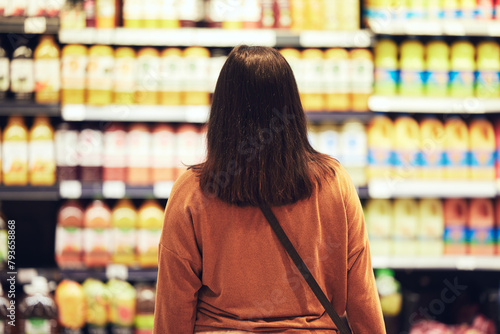 Wallpaper Mural Shopping, choice or woman at supermarket for grocery, decision or product search for sale, discount or bargain. Economy, inflation or back of customer with cost, price or budget comparison at mall Torontodigital.ca