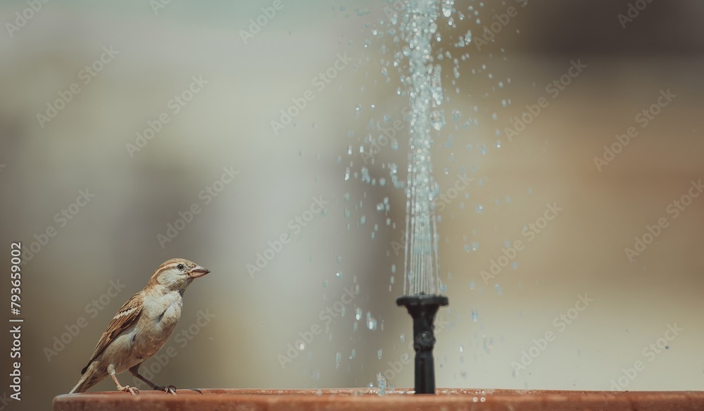 Naklejka premium sparrow eating with water fountain and swimming with blurred background