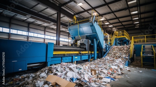 A large pile of trash fills a building, creating a chaotic scene of environmental neglect