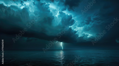Dramatic view of a thunderstorm over the ocean with lightning striking the horizon and thick dark clouds looming above