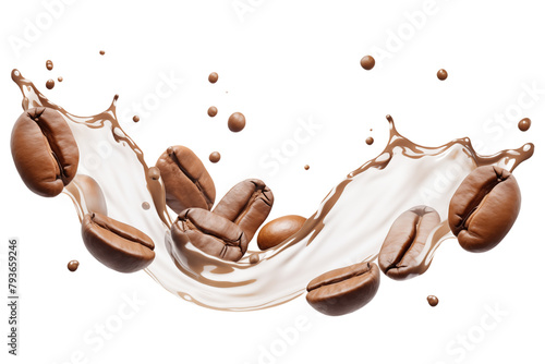 Coffee beans in milk splash isolated on transparent background.