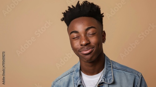 Casual Confidence: Young African American Gen Z male in casual attire, standing against a clean beige background, confidently winking at the camera. Expresses charisma and youthful energy.