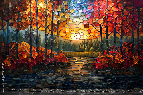  stained glass artworks depicting scenes from specific seasons, such as a springtime scene with blooming flowers and lush greenery, or an autumn scene with falling leaves and classic autumn colors  photo