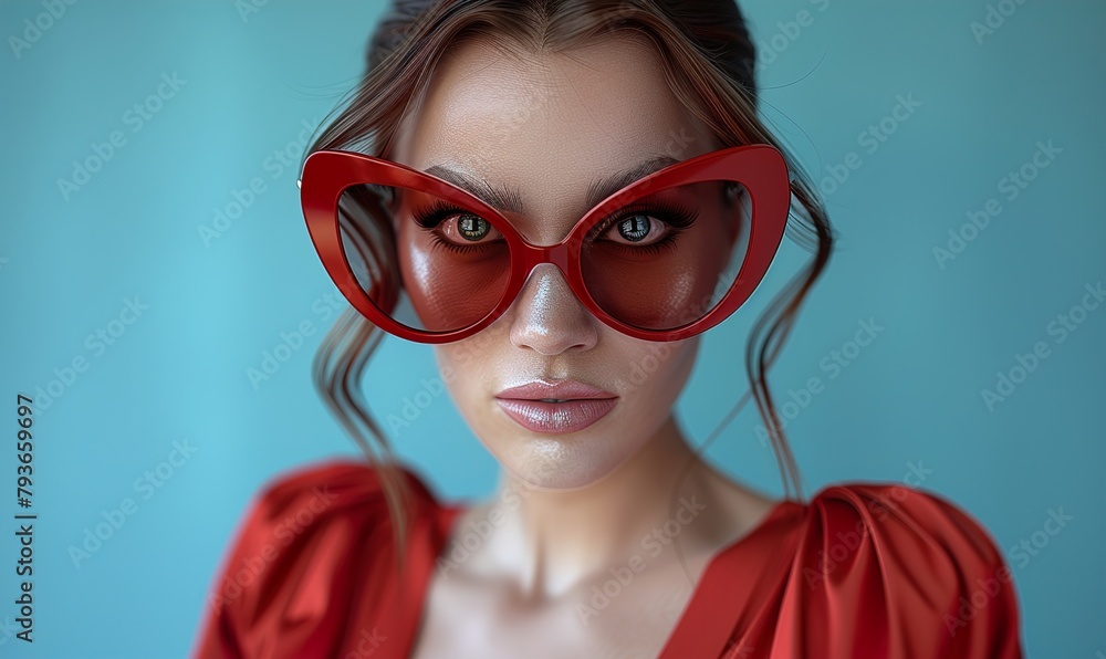 A vivacious woman in a red outfit and oversized red sunglasses A vivacious woman in a red outfit and oversized red sunglasses