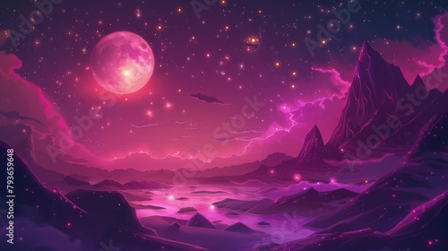 pink starry night sky with glowing moon on sky and beautiful view with pink mountains 