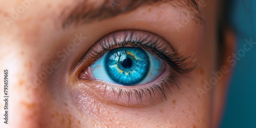 Close-up View of a Woman's Blue Eye Radiating Happiness Generative AI photo